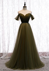 Prom Dress, Green Tulle Long A-Line Prom Dresses, Off the Shoulder Evening Dresses