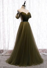 Prom Dress Emerald Green, Green Tulle Long A-Line Prom Dresses, Off the Shoulder Evening Dresses