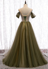 Prom Dress Modest, Green Tulle Long A-Line Prom Dresses, Off the Shoulder Evening Dresses