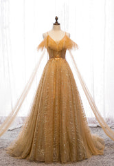 Bridesmaid Dresses Near Me, Gold V-Neck Tulle Long Prom Dresses, A-Line Evening Dresses