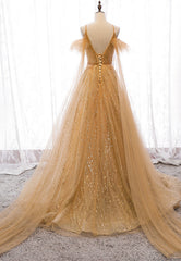 Bridesmaids Dressing Gowns, Gold V-Neck Tulle Long Prom Dresses, A-Line Evening Dresses