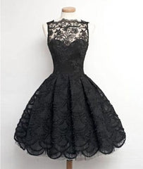 Formal Attire, Retro A-line Black Lace Sleeveless Open Back Short Prom Dresses, Homecoming Dresses