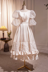 Prom Dresses Elegant, Retro Scoop Neck Lace Tea-length Prom Dress, A-Line Puffy Short Sleeve Party Dress