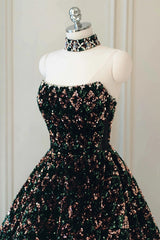 Formal Dress For Wedding Party, A Line Sparkly Sequin Long Prom Dress, Gorgeous Strapless Long Evening Dress