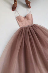 Prom Dress With Pocket, Dusty Rose A-Line Tulle Floor Length Spaghetti Straps Sweetheart Evening Party Dresses Prom Dresses
