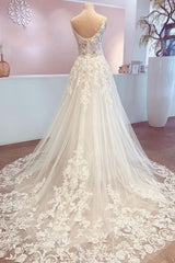 Wedding Dresses Boho, Romantic Long A-Line Spaghetti Straps Appliques Lace Backless Wedding Dress