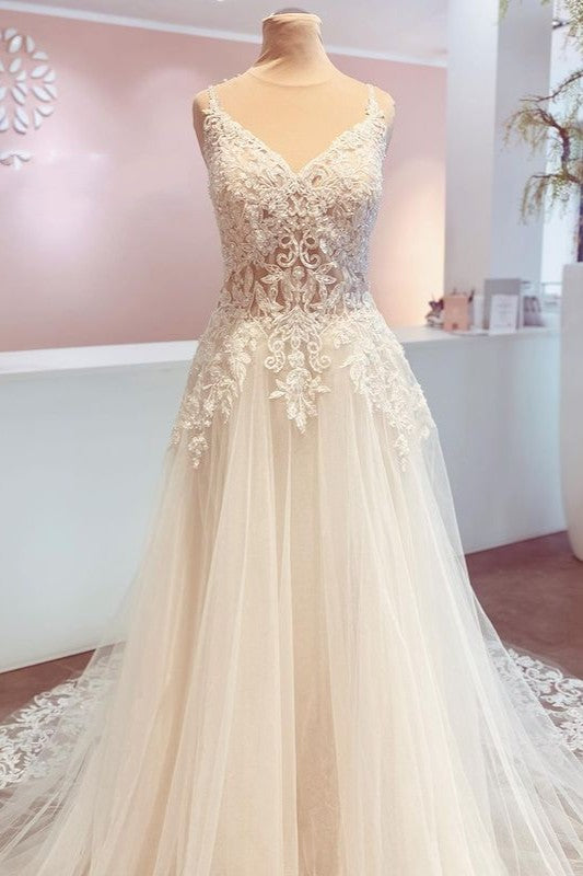 Wedding Dress Beach, Romantic Long A-Line Spaghetti Straps Appliques Lace Backless Wedding Dress