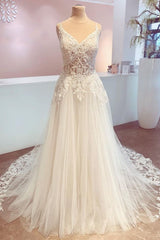 Wedding Dress Boho, Romantic Long A-Line Spaghetti Straps Appliques Lace Backless Wedding Dress