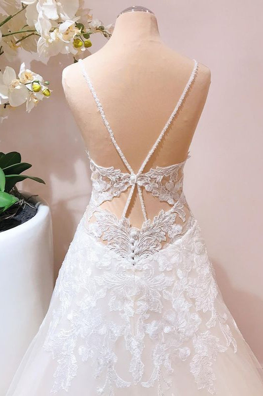 Wedding Dress With Color, Romantic Long A-line Spaghetti Straps Appliques Lace Tulle Wedding Dress