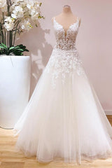 Wedding Dresses On Sale, Romantic Long A-line Spaghetti Straps Appliques Lace Tulle Wedding Dress