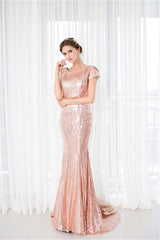 Prom Dresses Country, Rose Gold Sequin Mermaid Prom Dresses