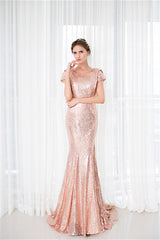 Prom Dress With Tulle, Rose Gold Sequin Mermaid Prom Dresses