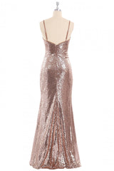 Gala Dress, Rose Gold Sequin Mermaid Straps Long Bridesmaid Dress
