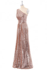 Homecoming Dresses 2057, Rose Gold Sequin One Shoulder Long Bridesmaid Dress