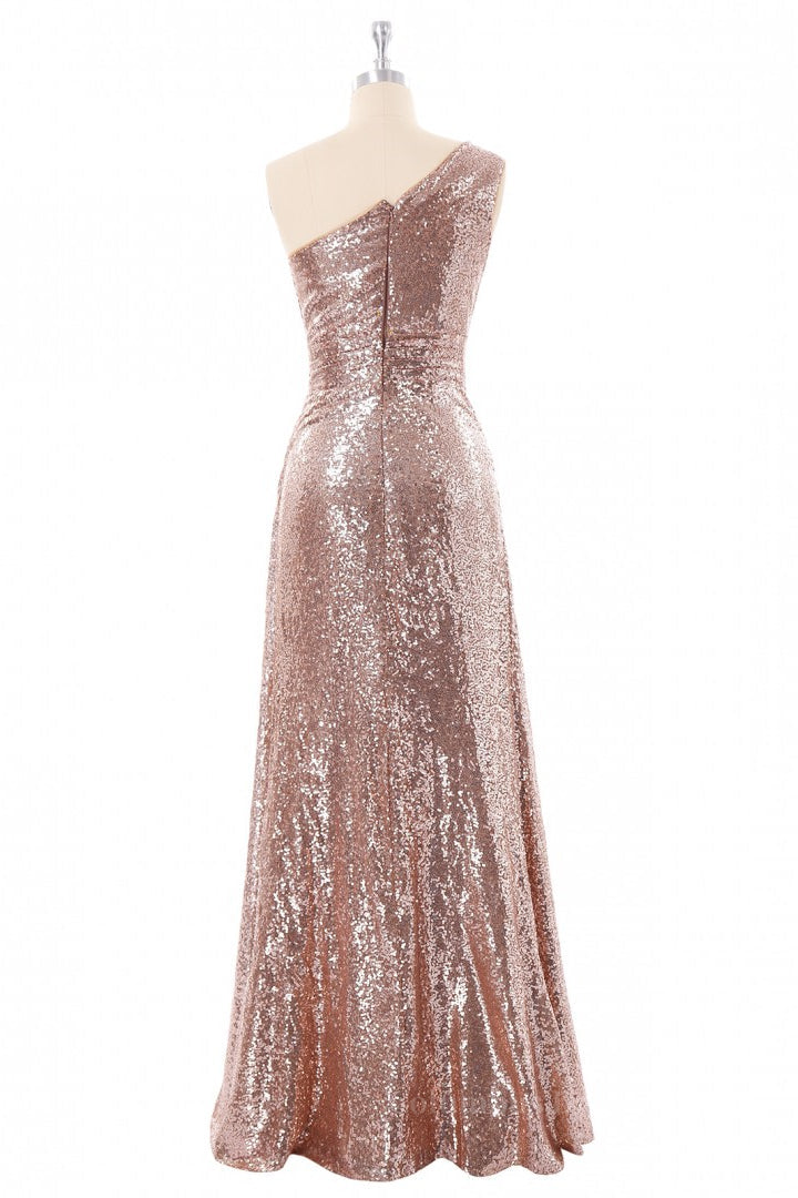 Homecoming Dress Elegant, Rose Gold Sequin One Shoulder Long Bridesmaid Dress