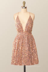 Party Dress Black And Gold, Rose Gold Sequin Straps A-line Short Party Dress