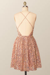 Prom Dress Inspiration, Rose Gold Sequin Straps A-line Short Party Dress