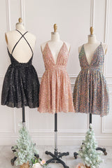 Party Dresses, Rose Gold Sequin Straps A-line Short Party Dress
