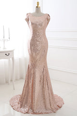 Dress Design, Rose Gold Sequins Long Bridesmaid Dress with Cowl Back