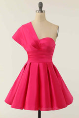 Party Dresses For Teens, Rose Red A-line Asymmetrical Pleated Mini Homecoming Dress