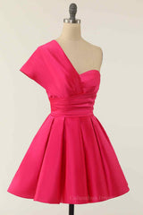 Party Dress Ideas, Rose Red A-line Asymmetrical Pleated Mini Homecoming Dress