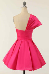 Party Dresses Short, Rose Red A-line Asymmetrical Pleated Mini Homecoming Dress