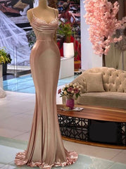 Prom Dress Sales, Sexy Rose Gold Mermaid Spaghetti Straps Maxi Long Prom Dresses Online