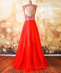 Dance Dress, Round Neck Beaded Red Prom Dresses, Red Formal Dresses, Red Evening Dresses