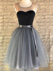 Cute Prom Dress, Round Neck Black Gray Tulle Short Prom Dresses, Short Black Gray Graduation Homecoming Dresses