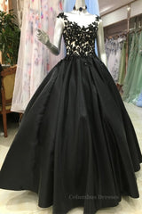 Bridesmaid Dresses Fall, Round Neck Black Lace Floral Long Prom Dress, Black Lace Formal Dress with Appliques, Black Evening Dress
