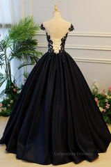 Bridesmaid Dresses Pink, Round Neck Black Lace Floral Long Prom Dress, Black Lace Formal Dress with Appliques, Black Evening Dress