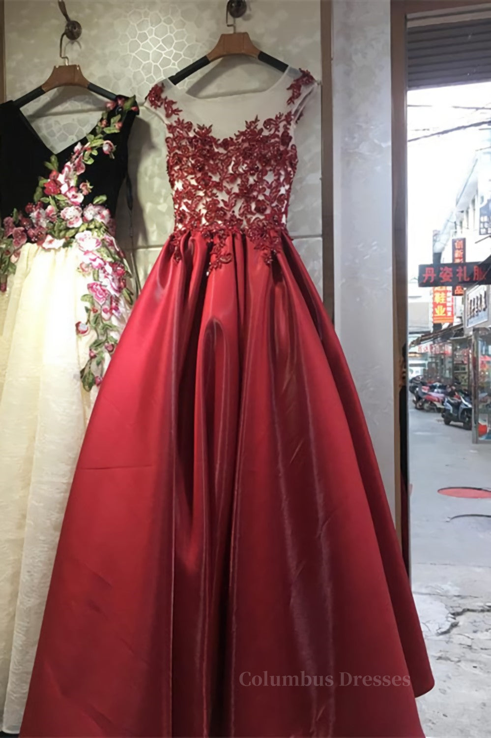 Bridesmaid Dresses 2055, Round Neck Black Lace Floral Long Prom Dress, Black Lace Formal Dress with Appliques, Black Evening Dress