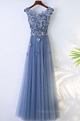 Party Dress Trends, Round Neck Blue Lace Floral Long Prom Dresses, Blue Lace Long Formal Evening Dresses