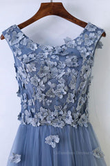 Party Dresses Ladies, Round Neck Blue Lace Floral Long Prom Dresses, Blue Lace Long Formal Evening Dresses