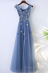 Party Dress Websites, Round Neck Blue Lace Floral Long Prom Dresses, Blue Lace Long Formal Evening Dresses