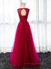 Prom Dresses Silk, Round Neck Burgundy Beaded Prom Dresses, Wine Red Beaded Formal Evening Bridesmaid Dresses