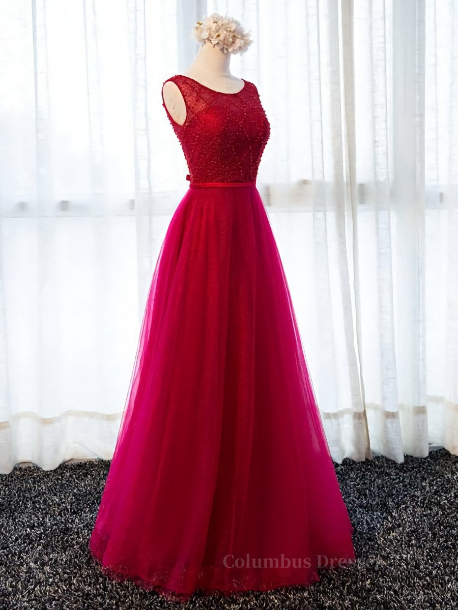 Prom Dress Pieces, Round Neck Burgundy Beaded Prom Dresses, Wine Red Beaded Formal Evening Bridesmaid Dresses