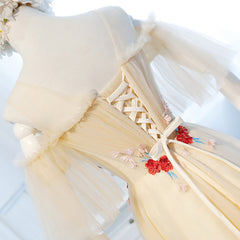 Strapless Prom Dress, Round Neck Floral Champagne Long Prom Dress, Champagne Long Formal Bridesmaid Dresses