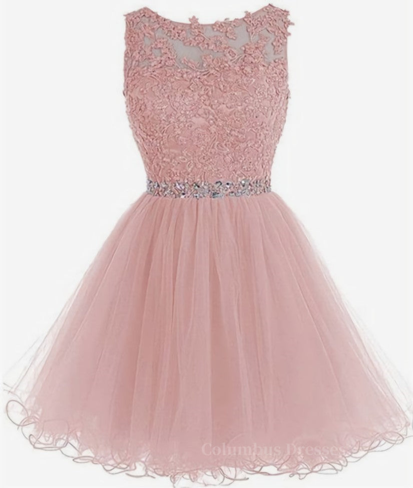 Flowy Prom Dress, Round Neck Lace Short Pink Prom Dresses, Pink Homecoming Dresses, Short Pink Formal Dresses