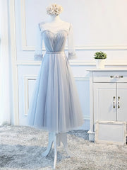 Prom Dresses Ball Gowns, Round Neck Long Sleeves Blue Prom Dresses, Long Sleeves Blue Formal Bridesmaid Evening Dresses