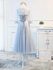 Prom Dresses Laced, Round Neck Long Sleeves Blue Prom Dresses, Long Sleeves Blue Formal Bridesmaid Evening Dresses