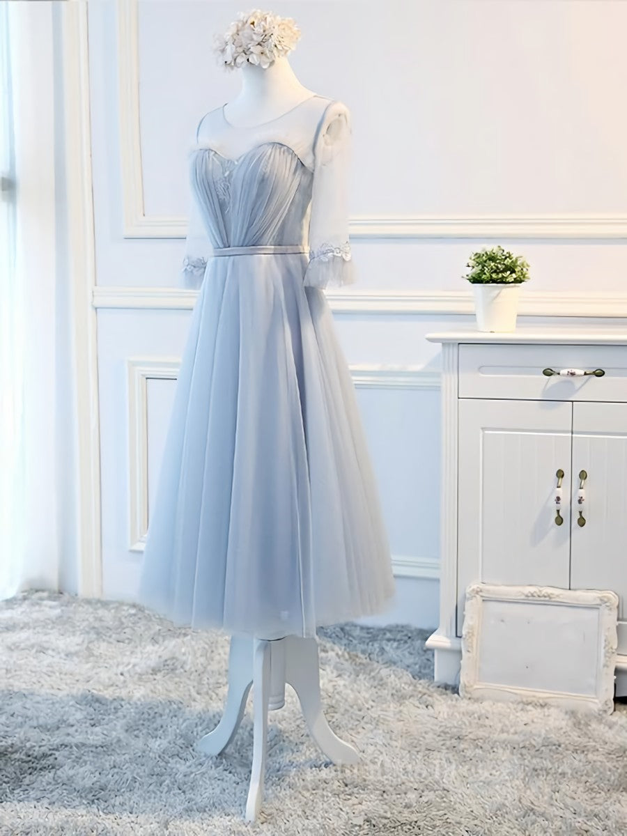 Prom Dresses Laces, Round Neck Long Sleeves Blue Prom Dresses, Long Sleeves Blue Formal Bridesmaid Evening Dresses