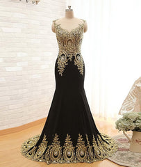 Prom Pictures, Round Neck Mermaid Lace Applique Black Prom Dresses, Lace Black Formal Dresses