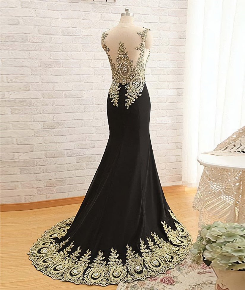 39 Th Grade Dance Dress, Round Neck Mermaid Lace Applique Black Prom Dresses, Lace Black Formal Dresses