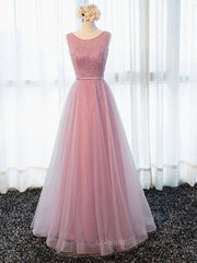 Prom Dress 2057, Round Neck Pink Beaded Long Prom Dresses, Pink Long Formal Evening Dresses