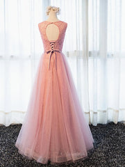 Prom Dresse 2050, Round Neck Pink Beaded Long Prom Dresses, Pink Long Formal Evening Dresses