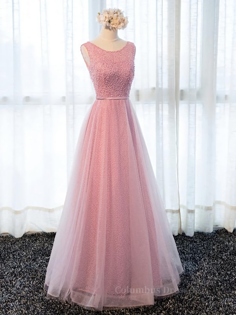 Prom Dress2050, Round Neck Pink Beaded Long Prom Dresses, Pink Long Formal Evening Dresses