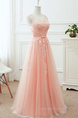 Pretty Prom Dress, Round Neck Pink Lace Long Prom Dresses, Pink Lace Bridesmaid Dresses