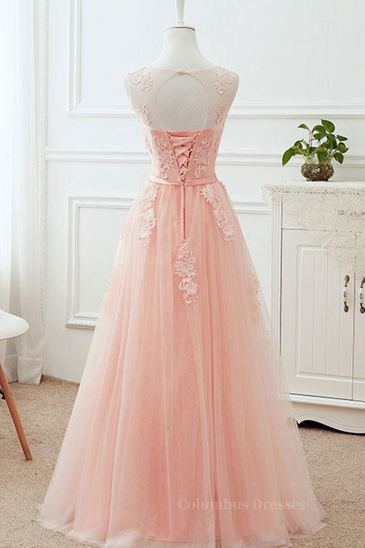 Fall Wedding Ideas, Round Neck Pink Lace Long Prom Dresses, Pink Lace Bridesmaid Dresses