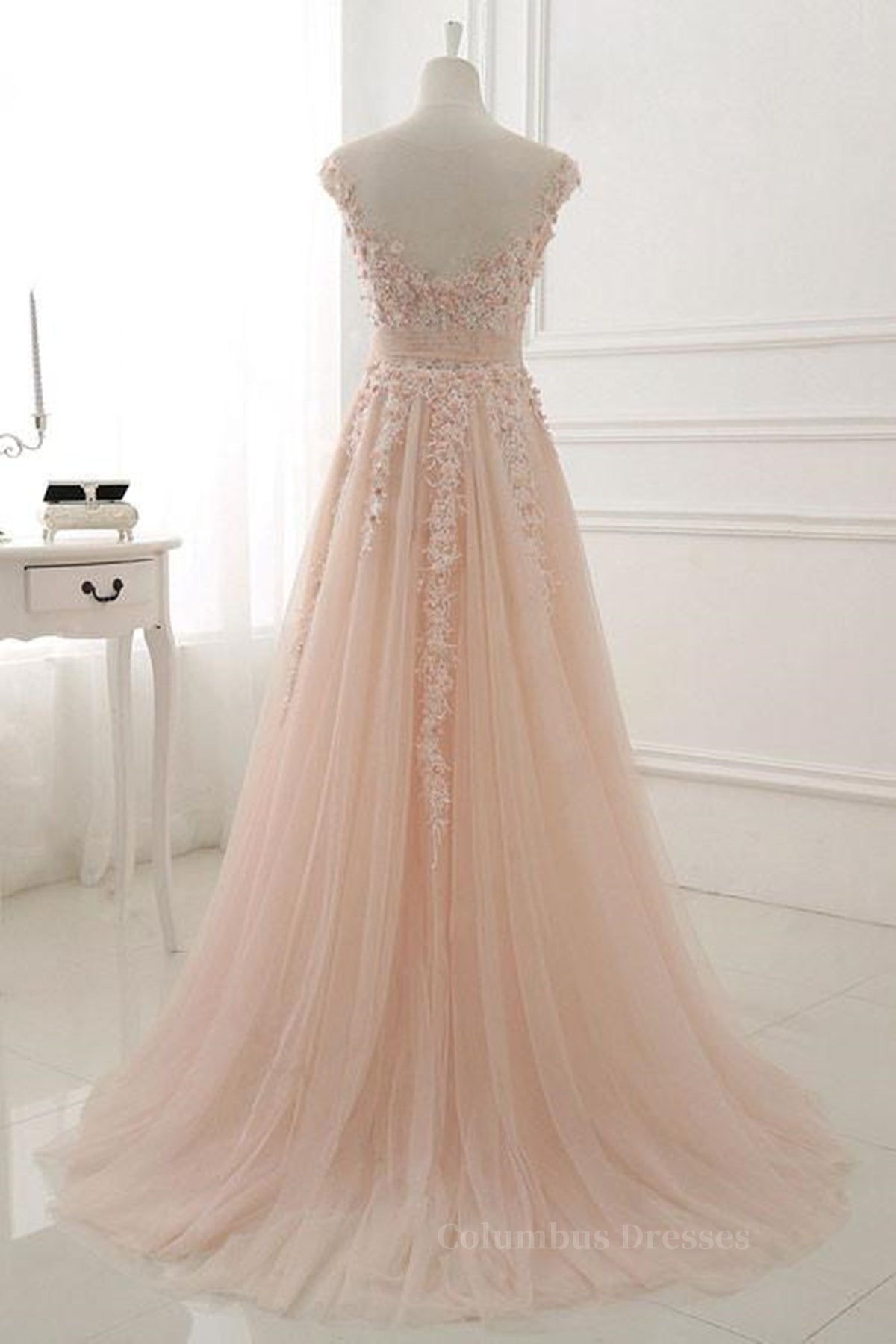 Bridesmaids Dresses Gold, Round Neck Pink Lace Prom Dresses, Pink Lace Formal Evening Dresses